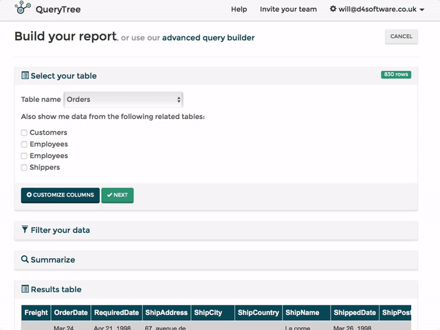 Building a report in QueryTree