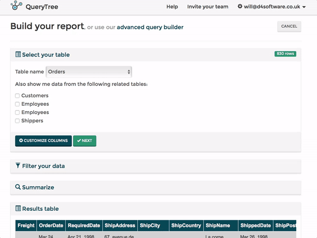 Building a reporting in QueryTree