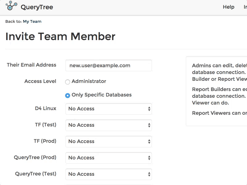 Setting permissions for a new user in QueryTree